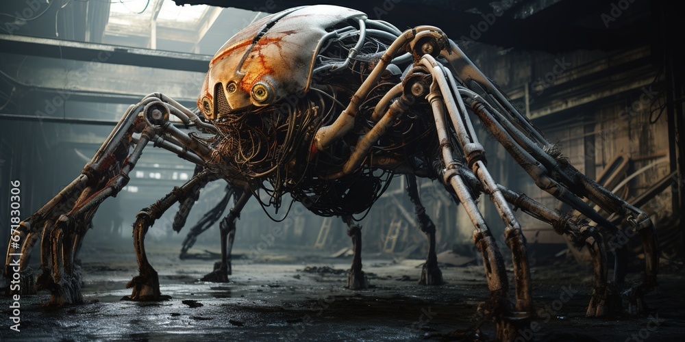 In an intricate scene, a robotic-biological hybrid alien creature, with ...