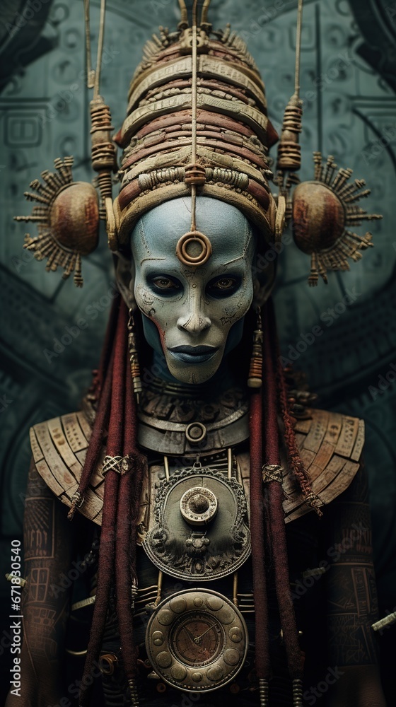 Intense gaze of an alien with elongated features, wearing intricate Indus Valley jewelry and a headdress, against a backdrop of old scriptures