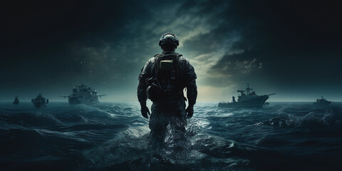 Wall Mural - modern U.S. Navy SEAL in wetsuit and tactical gear, emerging from the ocean at night. Background of a submarine and moonlit sea, focus on the camo and gear