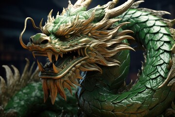 Poster - A close-up view of a dragon statue against a dark background. This image can be used to add a touch of mystery and fantasy to various projects.