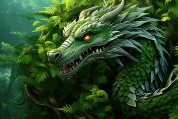 Poster - A green dragon in the middle of a forest. This image can be used to depict fantasy, mythical creatures, or magical landscapes.