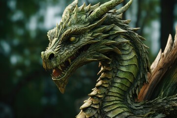 Poster - A close-up view of a dragon statue. This image can be used for various purposes, such as fantasy-themed designs, mythology references, or as a decorative element.