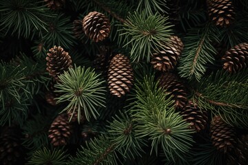 Poster - A cluster of pine cones hanging from the branches of a tree. This image can be used to depict nature, autumn, or forest themes.