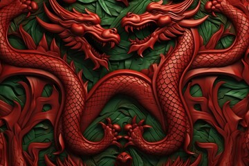 Poster - A close up view of a red dragon painted on a wall. This image can be used for various purposes, such as fantasy-themed projects or to represent strength and power.