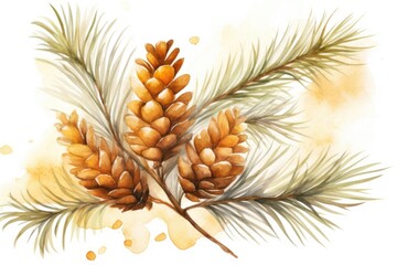 Poster - A beautiful watercolor painting of a pine branch with cones. This artwork captures the natural beauty and intricate details of the pine branch. Perfect for nature enthusiasts and art lovers.