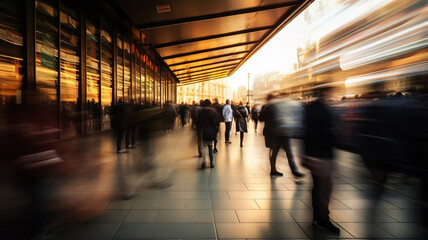 Sticker - Blurred background of people walking in the city