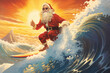 Surfer Santa rides a surfboard in the middle of high waves