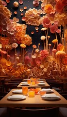 Sticker - A restaurant with a large mural of flowers, AI