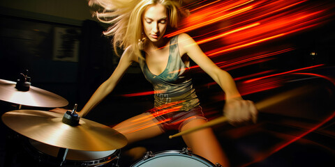 Young woman drumming rapidly, motion blur effect.