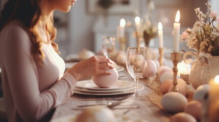 Wall Mural - A woman sits at a table with easter eggs and candles, AI