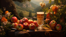 Apple cider and fresh apple harvest on wooden table in garden against backdrop of mountains.