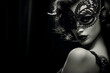 Glamorous woman in lace mask, black and white, suggesting sensual anonymity.