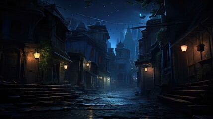 Canvas Print - A dark alley at night with a street light, AI