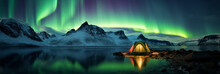 A Camping Tent Glowing Under The Northern Lights, Aurora Borealis. Travel And Adventure