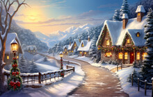 Christmas Night In The City, Landscape With Houses Christmas, Wooden House In Winter Time