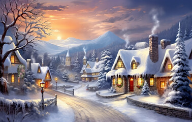 Wall Mural - Christmas night in the city, landscape with houses christmas, Wooden house in winter time