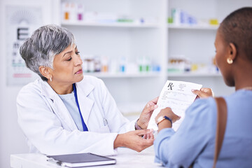 Talking, service and a black woman with a prescription and a pharmacist for help with medicine. Clinic, pharmacy and reading a letter from an African customer for pills or healthcare information