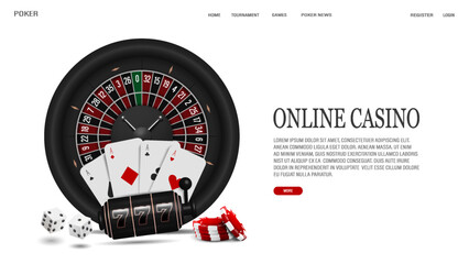 Wall Mural - Web banner with 3d roulette for casino, poker cards, chips, dice and slot machine on a white background with text.