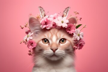 beautiful cat wearing a crown of flowers and butterflies on pastel pink background. cute animal with