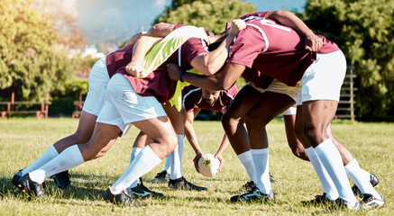 Wall Mural - Rugby scrum, sports team and grass field exercise of training sport group outdoor. Teamwork, fitness and solidarity of men in a huddle for cardio, strength and game challenge with commitment