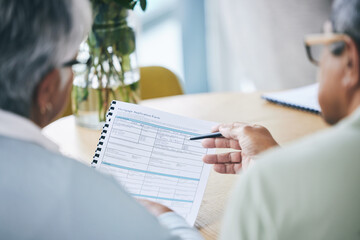 Poster - Old couple, mortgage application and documents in home for contract, debt or deed. Elderly man, woman and real estate loan, investment or paperwork for insurance, agreement and property in retirement