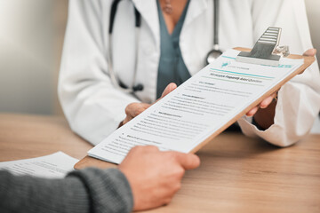 Aufkleber - Hands, doctor and patient with monkeypox paper for consultation information, faq and disease education. Person, consulting and medical professional with documents, pamphlet and flyer on virus control