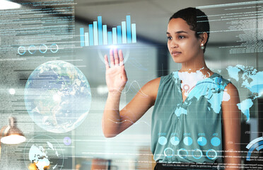 Wall Mural - Globe, finance and overlay with a business black woman using an ai or ux interface to access the metaverse of data. Digital, future and information with a female employee working on a 3d hologram