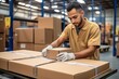© Kate Mayer - A young handsome man packs a cardboard box for delivery at a warehouse. Generative ai