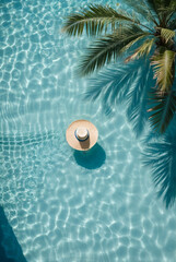 Top view vertical background of a swimming pool with a hat with edge of cement stones light tones, summer vacation and travel concept, space for text