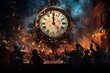 Countdown to the New Year 2024, A Surreal Midnight Party with an Enormous Clock, Sparkling Lights, and a Roaring Countdown to Midnight