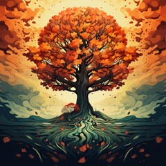 Autumn single tree vertical illustration beautiful art Ai generated art