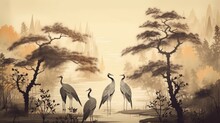 Beautiful Birds Trees Sky Old Painting Framed Canvas Wallpaper Image AI Generated Art