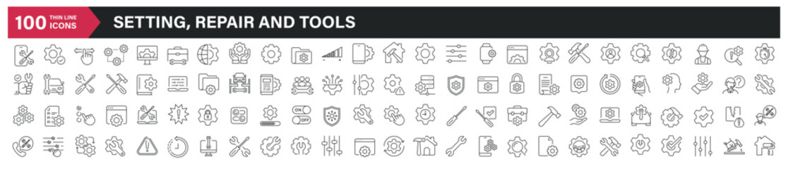 Setting, repair and tools thin line icons. Editable stroke. For website marketing design, logo, app, template, ui, etc. Vector illustration.