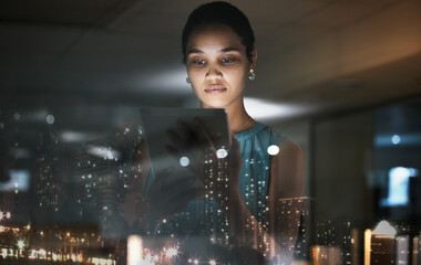 Poster - Office tablet, overlay or business woman reading finance analytics, stock market review or Miami city ecommerce. Forex investment night, data analysis or African trader trading NFT, bitcoin or crypto