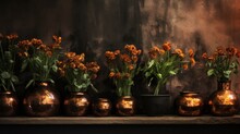 Beautiful Flowers In Copper Pots Mantel Rustic Ai Generated Art