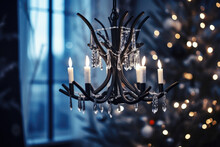 Hanging Above The Dining Table Is A Chandelier Made Of Black Branches And Adorned With White Crystals. Instead Of Traditional Candles, Black Taper Candles Burn, Casting An Eerie Light On