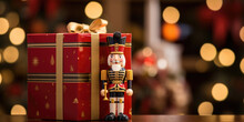 Up Close, The Giftwrapped Box Reveals A Charming Nutcracker Motif, With Gold And Red Accents And A Small Toy Soldier Figurine Resting On Top.