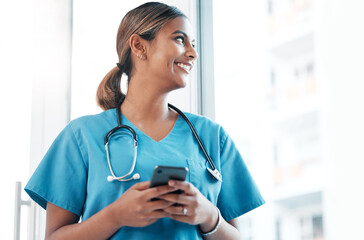 Poster - Idea, social media and doctor with a phone for communication, email and schedule. Thinking, ambition and woman nurse typing on a mobile for an app chat, healthcare research and conversation