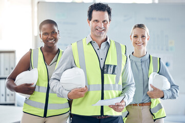Poster - Architecture, diversity and engineering leader with a team or group of workers ready to start building a project. Smile, trust and construction manager with happy designers for teamwork in an office