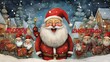 Joyful Santa with mini helpers in a snowy village backdrop. Cozy cottages, falling snowflakes, and festive preparations evoke the Christmas spirit