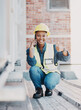 Phone call, portrait black woman, construction worker and thumbs up for HVAC machine, heat pump or AC repair service. Feedback, cellphone or rooftop technician person vote, aircon success or approval