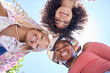 Black woman, blue sky and portrait of friends happy, smile and relax on San Francisco vacation for fun friendship reunion. Sunshine, travel and group of people or women on summer holiday below view
