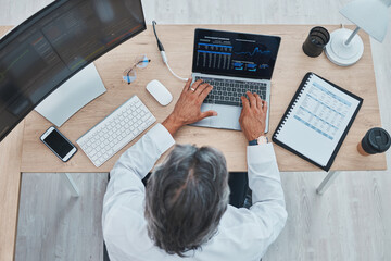 Poster - Laptop screen, stock market and person on data analytics dashboard, financial budget or investment above. Typing, trading and business accountant or trader on computer statistics or finance documents