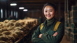 A smiling asian female pig farmer stands with his arms folded in the poultry shed