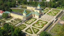 Aerial View Of The Royal Palace In Warsaw. Poland. Wilanow Palace. Flying Drones Over The Royal Palace, A Beautiful Building Facade At Sunny Autumn Day