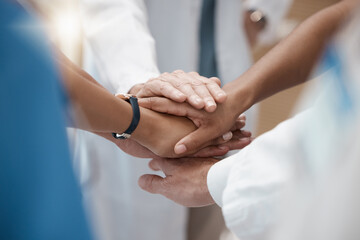 Poster - Hands, collaboration and healthcare with a medicine team in a huddle or circle in the hospital for insurance or medical. Teamwork, motivation and solidarity with a doctor and nurse group in a clinic