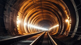 Fototapeta  - Railway tunnel construction site. Blurry straight circular concrete railway tunnel with lighting
