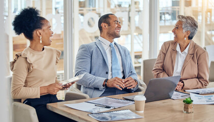 Aufkleber - Business people, group and laughing in meeting for discussion, company update and communication of feedback. Diversity, corporate team and happy employees in collaboration, conversation or funny joke