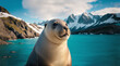 Wild sea lion looking ahead against a backdrop of snowy mountains