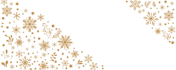 Gold Snow flakes decoration pattern. Winter illustration. Snow flakes, leaves and ornaments decoration background for winter holiday and Christmas. Vector illustration.